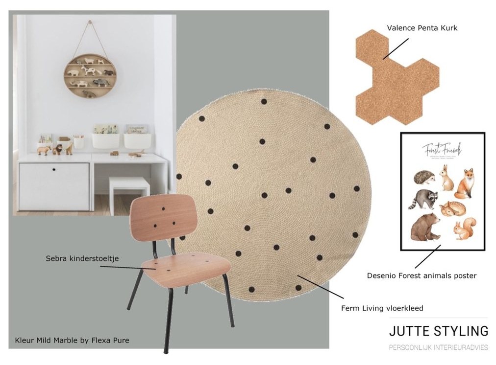 Moodboard voor de kinderhoek met rond vloerkleed, kinderstoeltje, kurken wandelementen en poster