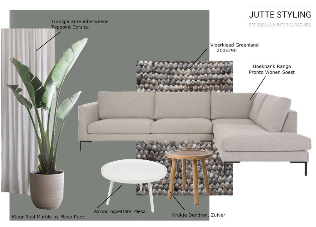Moodboard voor een woonkamer met bank, materialen en kleuren